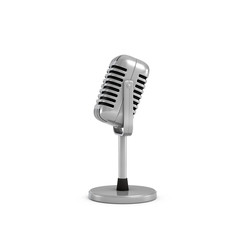 3d rendering of a silver metal retro tabletop microphone with a round base.