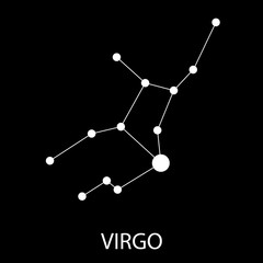 Raster illustration. Zodiac sign Virgo. Detailed stylish zodiac icon. Modern style drawing. Zodiac sign of the stars on black background. Glowing lines and points. Constellation with title. Deep space