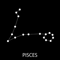 Raster illustration. Zodiac sign Pisces. Detailed stylish zodiac icon. Modern style drawing. Zodiac sign of the stars on black background. Glowing lines and points. Constellation with title