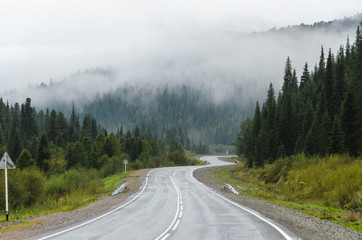 Road fog mountains landscape, Ergaki