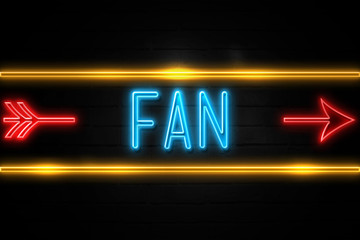 Fan  - fluorescent Neon Sign on brickwall Front view