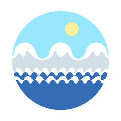 Vector cartoon illustration of mountains with snow on peaks on the sea shore with waves under blue sky with sun