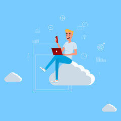 Young man sitting on the cloud working with laptop and smartphone. Concept of cloud computing technology and social network.