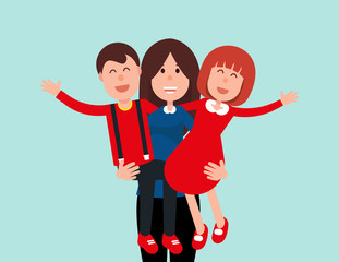 Happy Mother. Mommy holding his son and daughter. Concept family vector illustration.