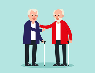 Old person. Two elderly standing and greeting. Concept elderly vector illustration. Design flat character.