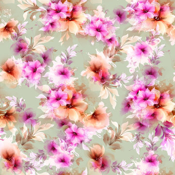 Seamless pattern with pink and gray abstract flowers and decorative elements on on the light green-gray background