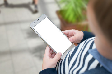 Boy playing game or watching cartoon on smart phone. Isolated screen for mockup, app presentation.