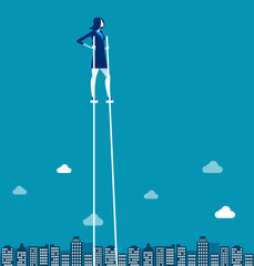 Businesswoman on stilts walking above city. Concept business vector illustration.
