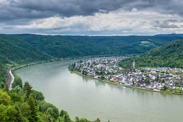 Aerial view of the Spay town on the Rhine River in cloudy weather, Rhine Gorge, UNESCO World Heritage Site, Rhineland-Palatinate, Germany, Europe