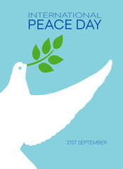 International Day of Peace. Beautiful card poster with white dove, green branch text word. Hand drawn design elements. Handwritten modern brush lettering blue background isolated vector