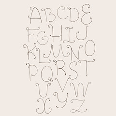 Abc letters sequence from A to Z. Capital letters hand drawn with ink in simple style with swirls decoration. Vector collection, good for creative writing and lettering