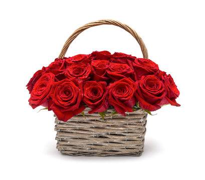 Red roses in a wicker basket