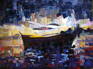 Boat on beach at sundown oil painting texture closeup.