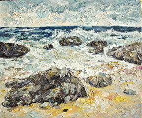 Stormy sea and rock beach oil painting texture closeup.