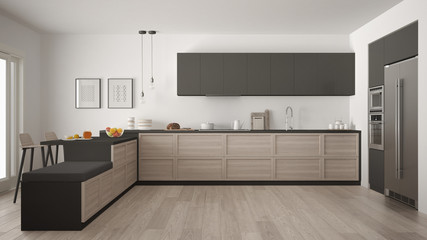 Naklejka na ściany i meble Classic modern kitchen with wooden details and parquet floor, minimalist white and gray interior design