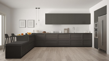 Classic modern kitchen with wooden details and parquet floor, minimalist white and gray interior design