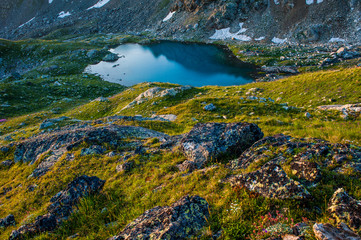 Fototapeta na wymiar Alpine lake among the rocks, Arhyz, Russian Federation