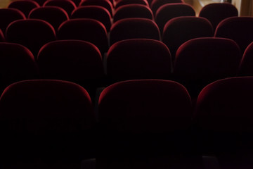 Back view of many rows of red velvet seats in a cinema or theater stage. Semi-darkness.
