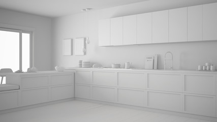 Fototapeta na wymiar Total white project of classic kitchen with parquet floor, minimalist interior design