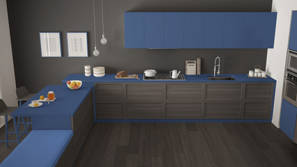 Modern kitchen with wooden details and parquet floor, minimalist gray and blue interior design, top view