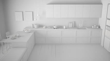 Total white project of classic kitchen with parquet floor, minimalist interior design, top view