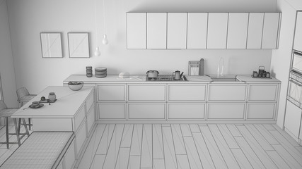 Unfinished project of classic kitchen with wooden details and parquet floor, minimalist white interior design, top view