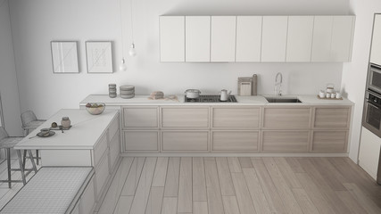 Naklejka na ściany i meble Unfinished project of classic kitchen with wooden details and parquet floor, minimalist white interior design, top view