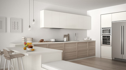 Classic kitchen with wooden details and parquet floor, healthy breakfast, minimalist white interior design