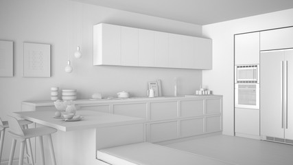 Fototapeta na wymiar Total white project of classic kitchen, healthy breakfast, minimalist interior design