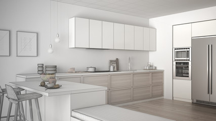Unfinished project of classic kitchen with wooden details and parquet floor, healthy breakfast, minimalist interior design