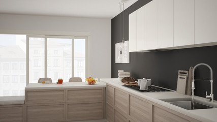 Modern kitchen with wooden details and parquet floor, healthy breakfast, minimalist white and gray interior design