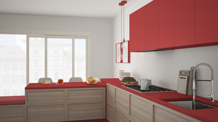 Modern kitchen with wooden details and parquet floor, healthy breakfast, minimalist white and red interior design