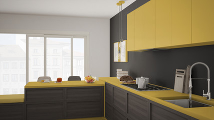 Modern kitchen with wooden details and parquet floor, healthy breakfast, minimalist gray and yellow interior design