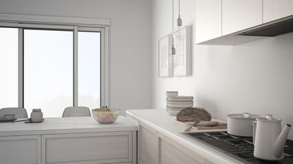 Unfinished project of modern kitchen with wooden details and parquet floor, healthy breakfast, minimalist interior design