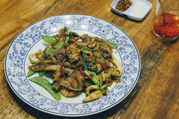 Stir fried flat noodle and seafood