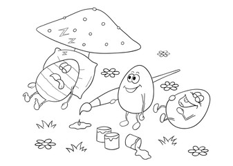 Easter coloring book with two eggs making prank on a third one