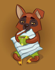 sick dog. dog holds the pillow, a cup of tea and a thermometer. illustration for a veterinary clinic. vector