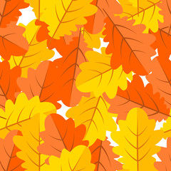 Naklejka na ściany i meble Seamless pattern of bright multi-colored oak leaves, red, yellow, orange. The leaf fall. Autumn background. Vector
