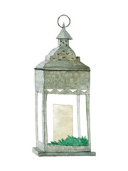 Watercolor wrought iron lantern with candle and green leaves. Hand drawn vintage illustration isolated on white background.