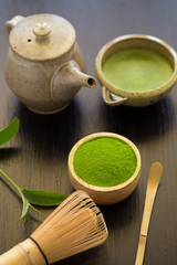 Set of matcha powder bowl wooden spoon and whisk green tea leaf Organic Green Matcha Tea ceremony