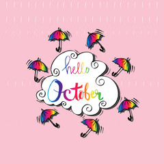 Hello october. Hand lettering, phrase.