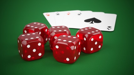 3D Rendering cards and dices on a green background