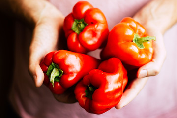 Fresh organic red peppers in man's hands