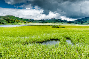 Paysage de marais, lac et montagne sous un ciel d'orage dans le Yellowstone National Park