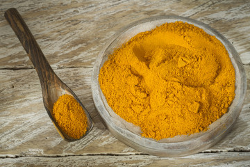 Turmeric powder in bowl and spoon on wooden table (curcuma longa)