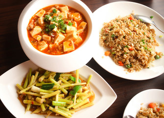 Three chinese food,Yangzhou fried rice ,Stir fried Bamboo shoots,Mapo doufu