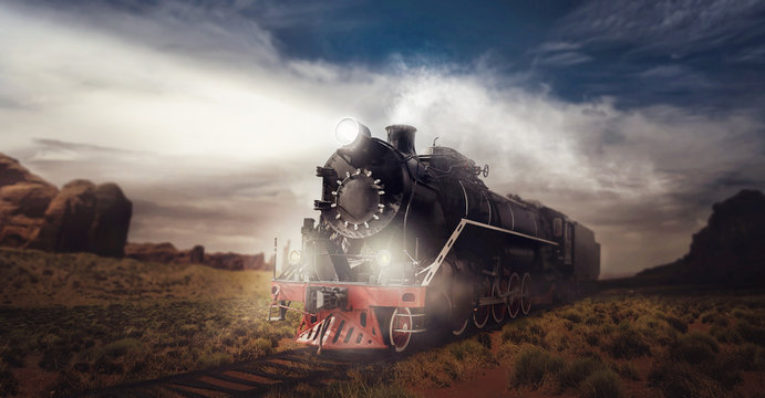 Fototapeta Old steam train, travel in valley