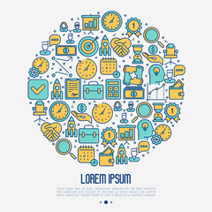 Time management concept in circle with thin line icons. Development of business process. Vector illustration for banner, web page, print media.