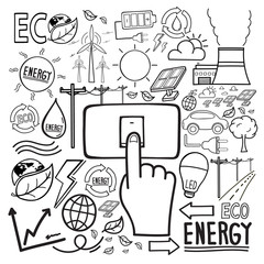 Eco and save energy doodle icon hand drawing.  Future and friendly energy concept. vector illustration.