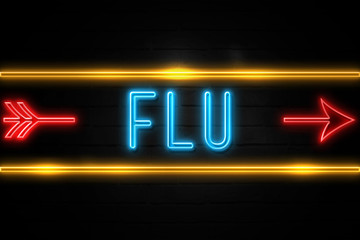 Obraz premium Flu - fluorescent Neon Sign on brickwall Front view